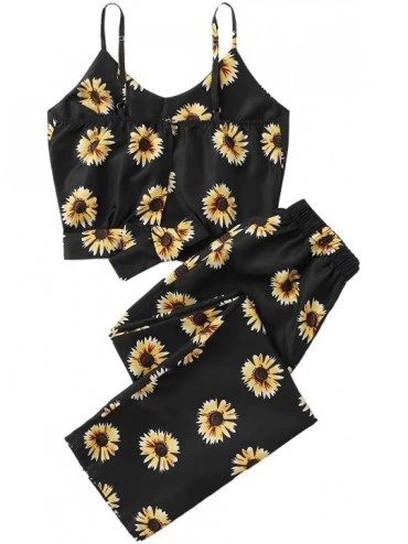 Sets Women's Cami Top Pajamas Sets Sunflower Print Spaghetti Strap Sleeveless PJ Loungewear Black Large - CO194CANKXI $13.88