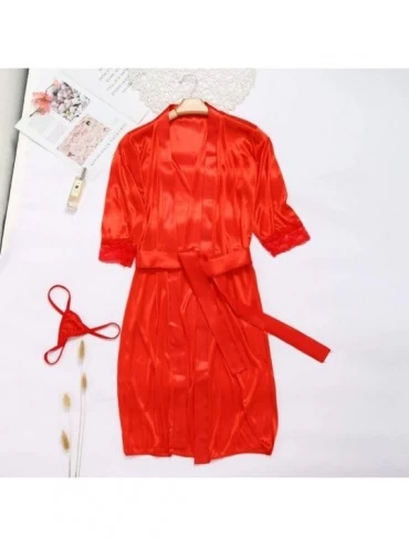 Robes Women Lace Lingerie Sexy Pajama Pure Color Nightgown Sleepwear Robe Gown Bathrobe Nightdress - Red - CX18AHAT8TO $12.91