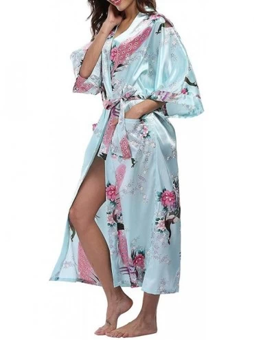 Robes Blue Chinese Women Long Silk Rayon Robe Kimono Yukata Bath Gown Lingerie Sleepwear Flower XXXL Br035-Burgundy-L - C018W...