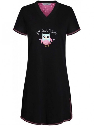 Sets Women's Printed Short Sleeve Pure Cotton Sleepwear Nightgown - Black12 - CF19D7NARXH $24.43