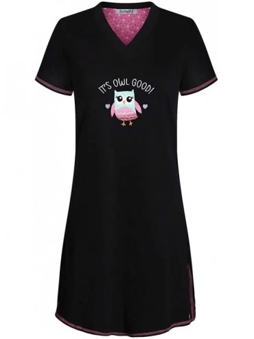 Sets Women's Printed Short Sleeve Pure Cotton Sleepwear Nightgown - Black12 - CF19D7NARXH $22.32