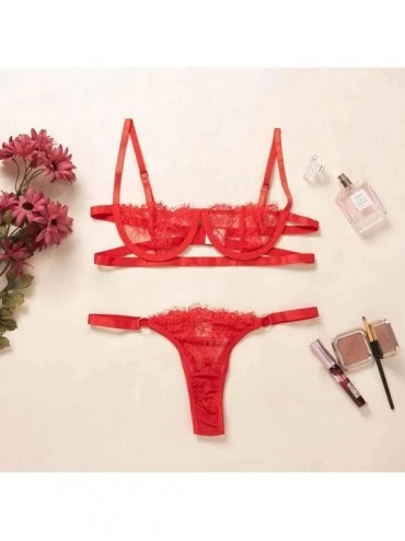 Baby Dolls & Chemises Women's Lace Floral Bikini Set Bra Panties Underwear Babydoll Lingerie - Red - CU19DWHIGXI $13.58