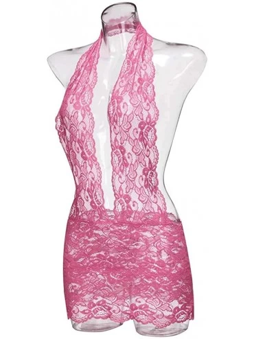 Robes Women Lace Plus Size Lingerie Sexy Deep V Halter One Piece Bodysuit Nightdress - Pink - CX192AZKKTX $15.74