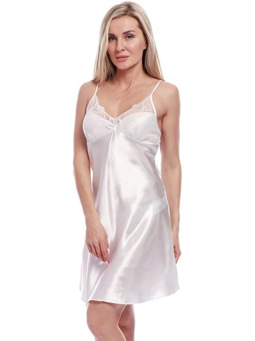 Nightgowns & Sleepshirts Women's Satin Chemise Nightgowns- Sexy Sleepwear V Neck Spaghetti Strap Silk Lace Nightdress - White...