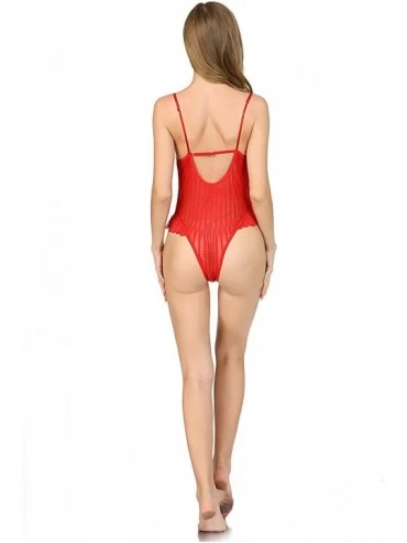 Shapewear Women Backless Bodysuit Mesh Cut Out Bodysuit Lingerie Striped Eyelash Lace Teddy Bodysuit - Red - CQ18Y35DGII $20.22