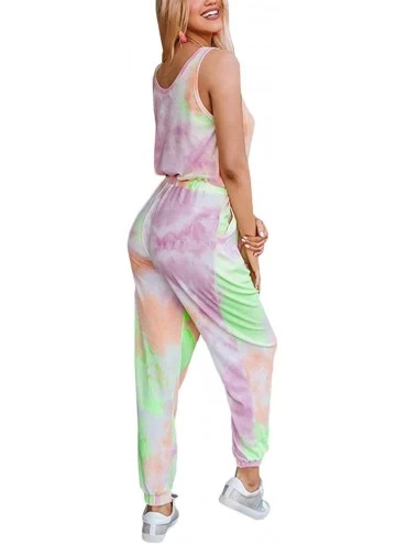 Sets Womens Tie Dye Printed Long Pajamas Set One Piece Sleeveless Jumpsuits Loungewear PJs Nightwear with Pockets Multicolor ...