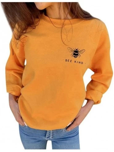 Tops Women's Autumn Fashion Sweatshirts Bee Kind Letter Print Casual Loose Blouses - Yellow - CN18WZSCGCW $43.34