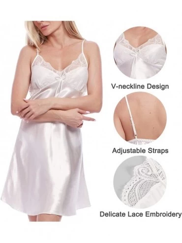 Nightgowns & Sleepshirts Women's Satin Chemise Nightgowns- Sexy Sleepwear V Neck Spaghetti Strap Silk Lace Nightdress - White...
