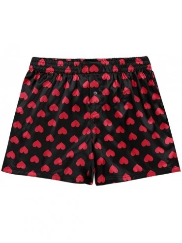 Boxers Men's Satin Boxers Silk Sleepwear Underwear Heart Print Shorts Lounge Beach Shorts - Black - CZ18O9QNQZR $34.43
