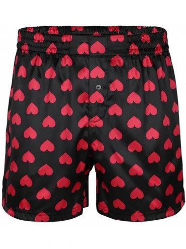 Boxers Men's Satin Boxers Silk Sleepwear Underwear Heart Print Shorts Lounge Beach Shorts - Black - CZ18O9QNQZR $13.77