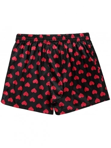 Boxers Men's Satin Boxers Silk Sleepwear Underwear Heart Print Shorts Lounge Beach Shorts - Black - CZ18O9QNQZR $13.77