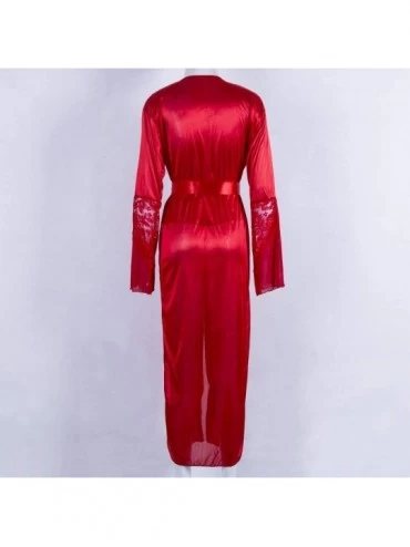 Robes Womens Lace Trim Satin Kimono Robes Long Satin Dressing Gown Bathrobe Sleepwear Loungewear - Red - CQ18N9WGENU $15.55