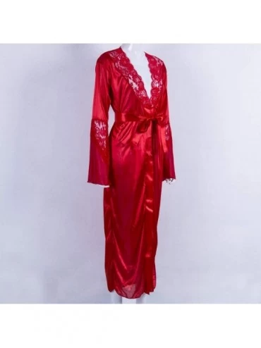 Robes Womens Lace Trim Satin Kimono Robes Long Satin Dressing Gown Bathrobe Sleepwear Loungewear - Red - CQ18N9WGENU $15.55