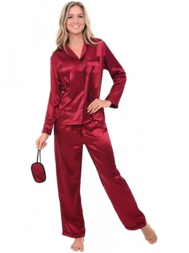 Sets Women's Button Down Satin Pajama Set with Sleep Mask- Long Silky Pjs - Burgundy With Black Piping - CI12EEVMHVH $66.63