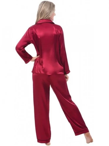 Sets Women's Button Down Satin Pajama Set with Sleep Mask- Long Silky Pjs - Burgundy With Black Piping - CI12EEVMHVH $35.60