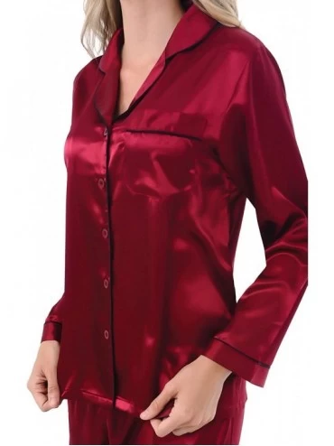 Sets Women's Button Down Satin Pajama Set with Sleep Mask- Long Silky Pjs - Burgundy With Black Piping - CI12EEVMHVH $35.60