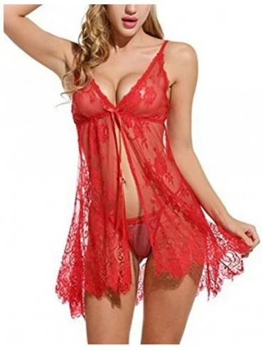 Baby Dolls & Chemises Women Lingerie Open Front Babydoll Lace Chemise Sleepwear Sheer Mesh Robe - Red - C6195A3ZD6N $21.28