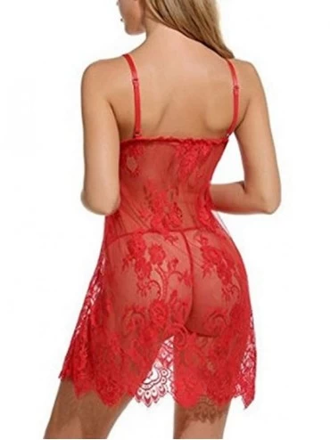 Baby Dolls & Chemises Women Lingerie Open Front Babydoll Lace Chemise Sleepwear Sheer Mesh Robe - Red - C6195A3ZD6N $13.52