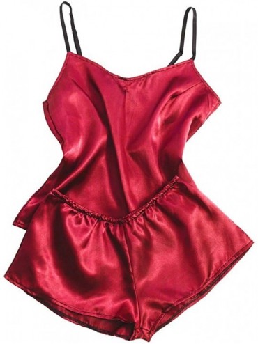Nightgowns & Sleepshirts Women's Lace Satin Nightwear Deep V-Neck Cami Pajamas Set Sleepwear Silk Short Pants and Vest - Red ...