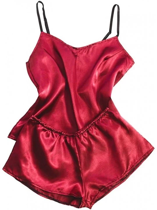 Nightgowns & Sleepshirts Women's Lace Satin Nightwear Deep V-Neck Cami Pajamas Set Sleepwear Silk Short Pants and Vest - Red ...