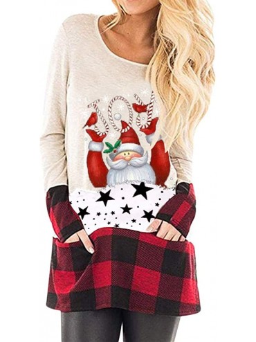 Thermal Underwear Womens Christmas Tops Plaid Splice Hem Reindeer Long Sleeve Cute Tunic Blouse - A-beige - CS192K2390D $30.68