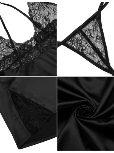 Robes Women Lingerie Satin Babydoll Nightgown V Neck Strap Lace Chemise Sleepwear Set - Black - CV18GCGK69X $19.49
