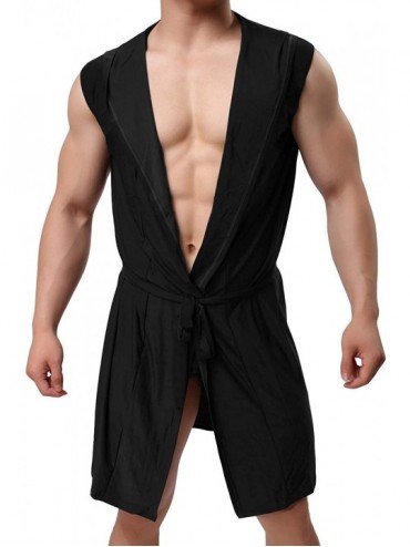 Robes Men's Silk Kimono Robe Hooded Bathrobe Sleeveless Lightweight Sleepwear Pajamas - Black - CO18LZS0IGO $35.43
