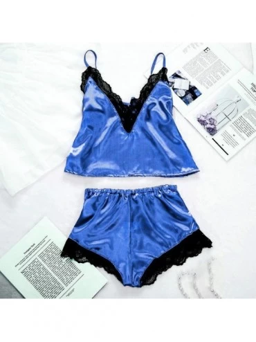 Nightgowns & Sleepshirts 2Pcs Women Sleeveless Sexy Lingerie Lace Babydoll Nightdress Nightgown Sleepwear Underwear Set - Blu...