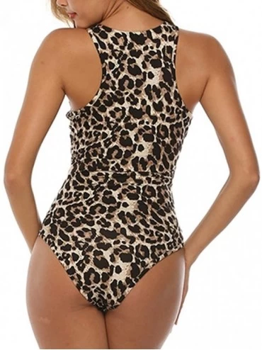 Shapewear Bodysuit for Women Sexy Scoop Neck Racerback Tank Top Button Down - Leopard - CR18UWCHIUN $15.14