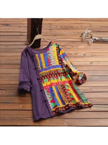 Thermal Underwear Women's Cotton Linen Button Print Patchwork Retro Top Plus Size Long Sleeve Shirt - Purple - CS19776HQ45 $1...