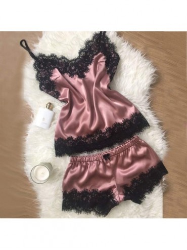Nightgowns & Sleepshirts 2PC Lingerie Women Sexy Nightdress Nightgown Sleepwear Underwear Set - Hot Pink - CD18AI5AQ7Y $21.72