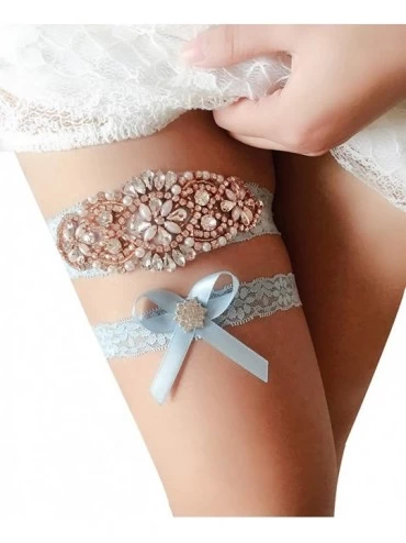 Garters & Garter Belts Romantic Lace Wedding Garter Set Rhinestones Party Prom Garters for Brides - Blue/Rose Gold - C118ZA2X...