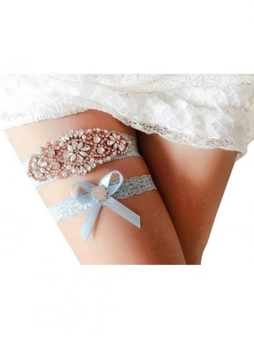 Garters & Garter Belts Romantic Lace Wedding Garter Set Rhinestones Party Prom Garters for Brides - Blue/Rose Gold - C118ZA2X...