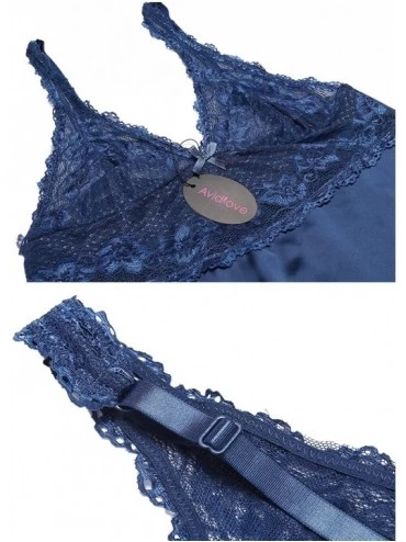 Baby Dolls & Chemises Women Lingerie Chemise Satin Sleepwear Lace Babydoll Nightie - Navy Blue - CQ18GSE724A $12.91