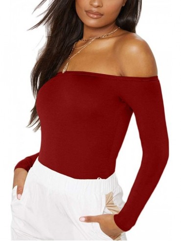 Shapewear Women's Basic Off The Shoulder Long Sleeve Bodysuits Solid Color Leotard - Ruby - CY18XHYT5XL $37.52