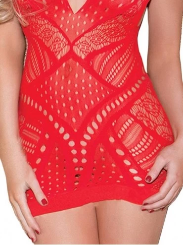 Baby Dolls & Chemises Sexy Lingerie for Women Fishnet Halter Chemise Deep V Hot Mesh Mini Dress Bodysuit - Red - CI18M77HOE0 ...