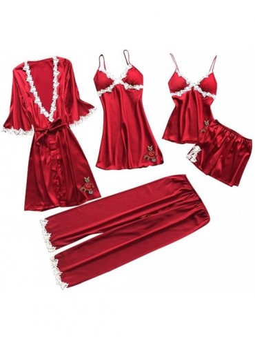 Robes 5PC Sexy Lingerie Nightgown for Women Lace Rose Nightdress Camisole Pants Bathrobe with Belt - Red - CB197TAR55U $58.23