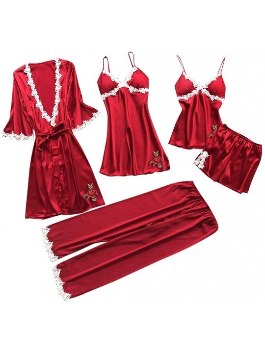 Robes 5PC Sexy Lingerie Nightgown for Women Lace Rose Nightdress Camisole Pants Bathrobe with Belt - Red - CB197TAR55U $63.14