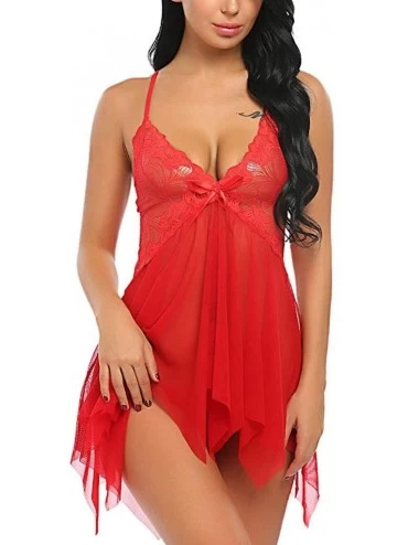 Baby Dolls & Chemises Women's Lace Babydoll Lingerie Set with G-String Sexy Mesh V Neck Chemise Sleepwear Nightwear - Red - C...