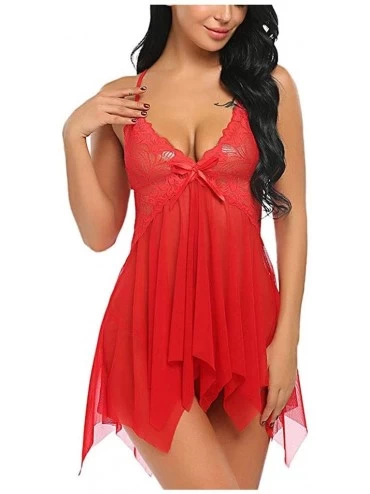 Baby Dolls & Chemises Women's Lace Babydoll Lingerie Set with G-String Sexy Mesh V Neck Chemise Sleepwear Nightwear - Red - C...
