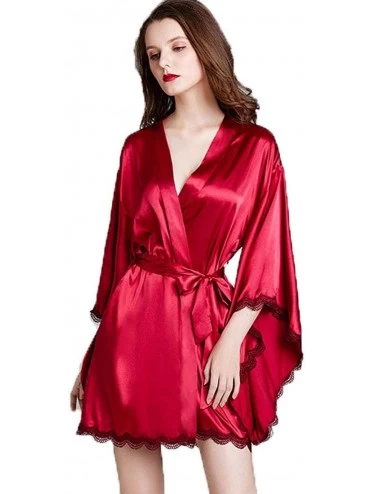 Robes Women Kimono Bride Robes lace Wide Sleeve Sleepdress Sleepwear Satin Nightwear Bathrobe Gown - C - C41960Z5CE6 $50.43