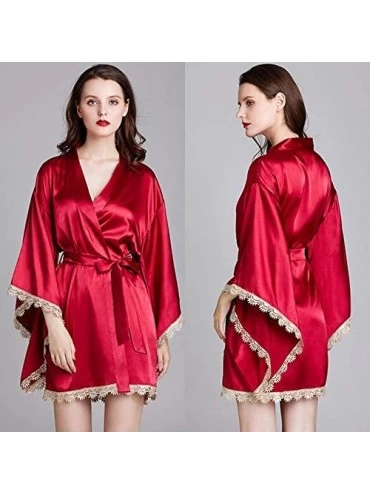 Robes Women Kimono Bride Robes lace Wide Sleeve Sleepdress Sleepwear Satin Nightwear Bathrobe Gown - C - C41960Z5CE6 $33.39