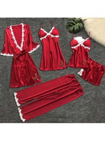 Robes 5PC Sexy Lingerie Nightgown for Women Lace Rose Nightdress Camisole Pants Bathrobe with Belt - Red - CB197TAR55U $63.14