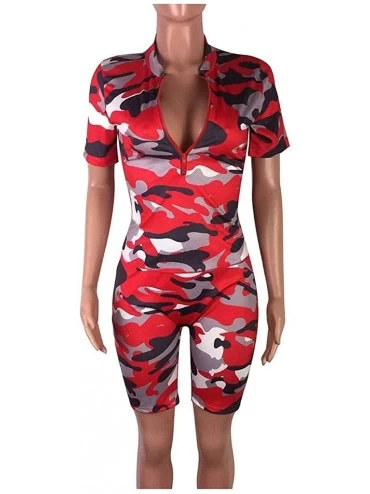 Sets Camo Outfits for Women 2 Piece Short Sleeve Zip Shirts Makes Nightwear Sleepwear Loungewear Set - Red - CX19CATHURX $18.58