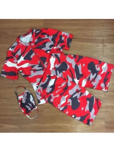Sets Camo Outfits for Women 2 Piece Short Sleeve Zip Shirts Makes Nightwear Sleepwear Loungewear Set - Red - CX19CATHURX $18.58