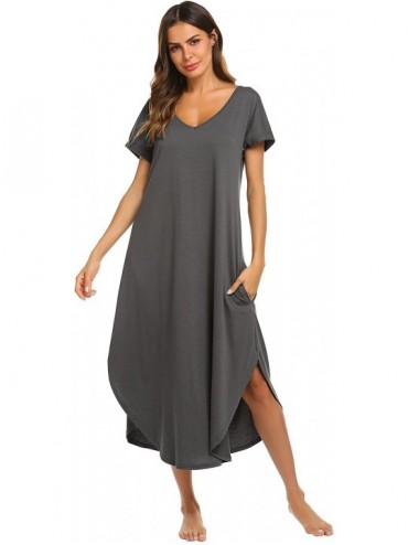 Nightgowns & Sleepshirts Sleepwear Women's Casual V Neck Nightshirt Short Sleeve Long Nightgown - Dark Grey - CI18ER966T8 $59.76