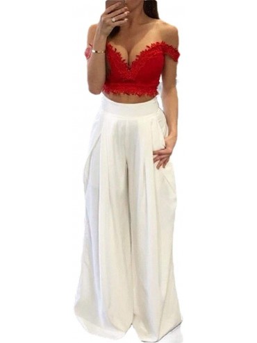 Bottoms Women's Casual Loose Solid Color Mid Waist Wide Leg Palazzo Lounge Pants - White - C919D92858G $49.97