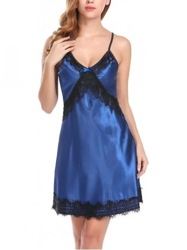 Baby Dolls & Chemises Women's Sleepwear Sexy Full Slip Satin Nightgown Mesh Chemise Lace Nightdress - 6991 Navy Blue - C718ZY...