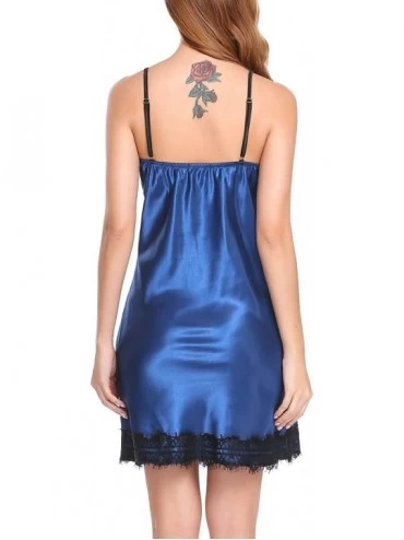 Baby Dolls & Chemises Women's Sleepwear Sexy Full Slip Satin Nightgown Mesh Chemise Lace Nightdress - 6991 Navy Blue - C718ZY...
