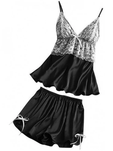 Sets Women Satin Lace V-Neck Camisole Bowknot Shorts Set Sleepwear Pajamas Lingerie - Black - CW194TLH946 $22.98